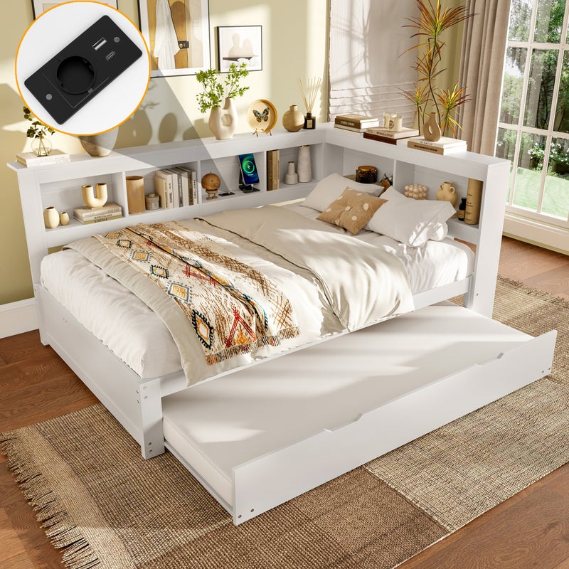 Łóżko wysuwane 140 x 200 cm + 90 x 190 cm z przegródkami, sofa rozkładana - Sosna + MDF + sklejka - Gniazda ładowania i USB - Białe (bez materaca)
