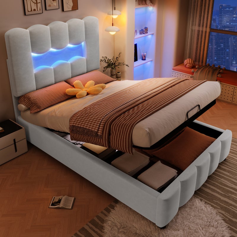 Łóżko z pojemnikiem 90 x 200 cm z regulowanym zagłówkiem - Aksamit - LED - Szare (bez materaca)