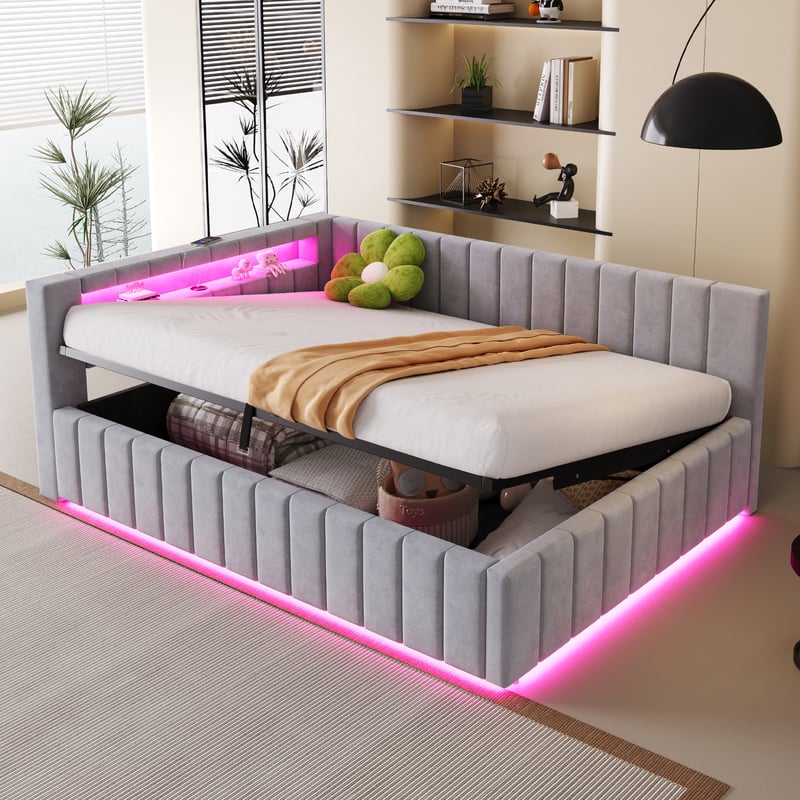 Łóżko z pojemnikiem 140 x 200 cm z zagłówkiem - Aksamit - Gniazda USB i LED - Szare (bez materaca)