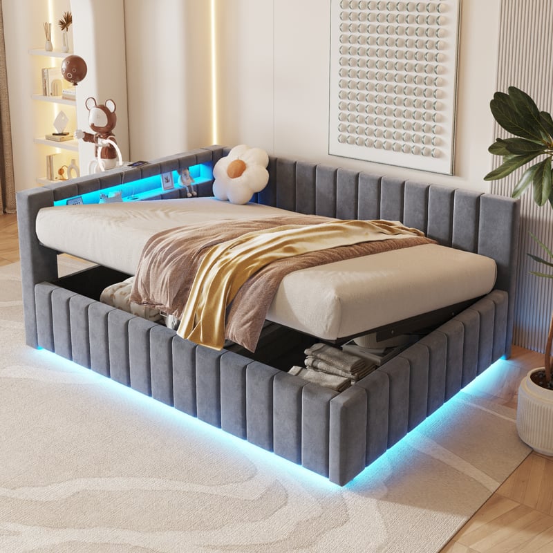 Łóżko z pojemnikiem 140 x 200 cm z zagłówkiem - Aksamit - Gniazda USB i LED - Ciemnoszary (bez materaca)