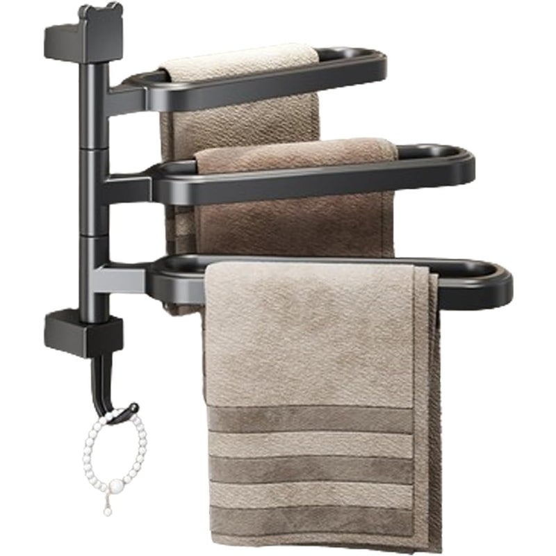 Wieszak na ręczniki obrotowy, ABS, samoprzylepny, z haczykami, odpowiedni do łazienki i kuchni, trzy ramiona, czarny