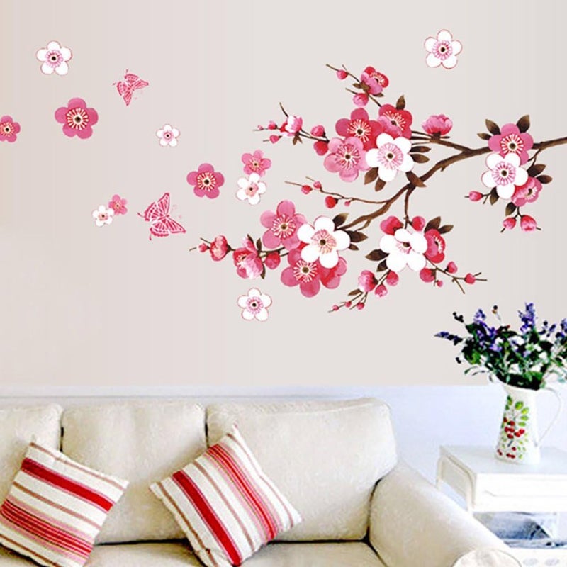 Naklejka ścienna z kwiatem wiśni i czerwonym, różowym motylem (120x50cm) I Sakura Rattan Flower Branch Tree, samoprzylepna naklejka ścienna