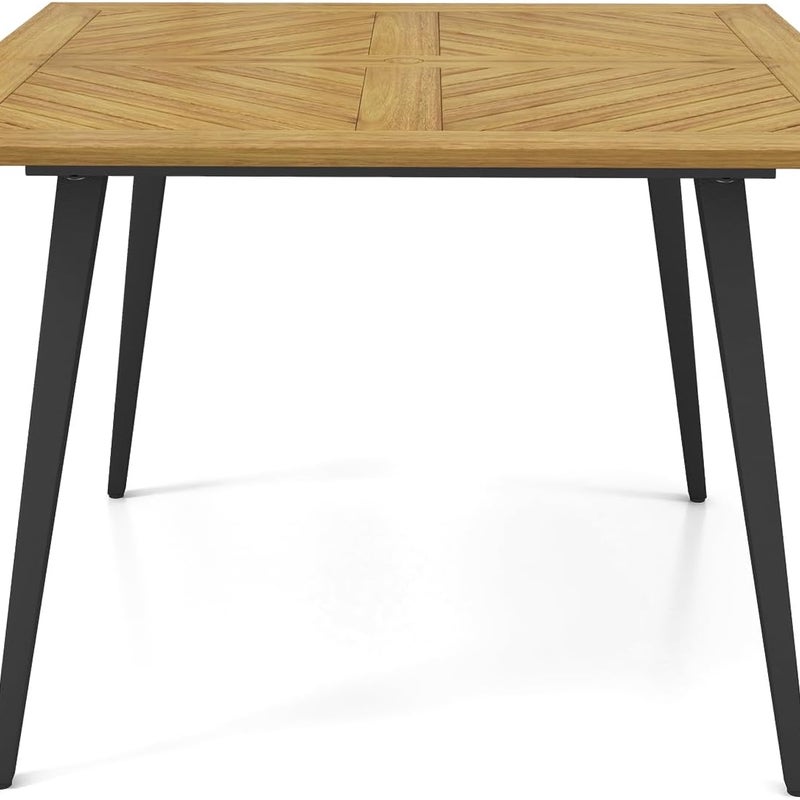 Stół Ogrodowy dla 4 Osób, Stół Ogrodowy z Drewna Akacjowego z Otworem na Parasol i Metalową Ramą, 107 x 75 cm