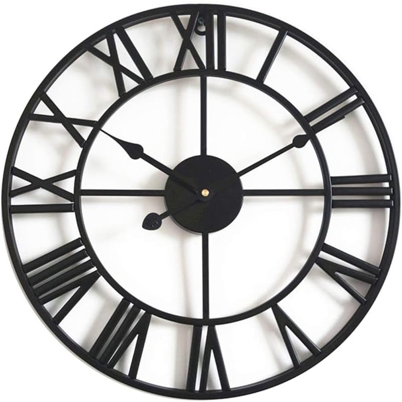 Zegar ścienny zewnętrzny, duży zegar ogrodowy z cyframi rzymskimi, kute żelazo, 45 cm (czarny)