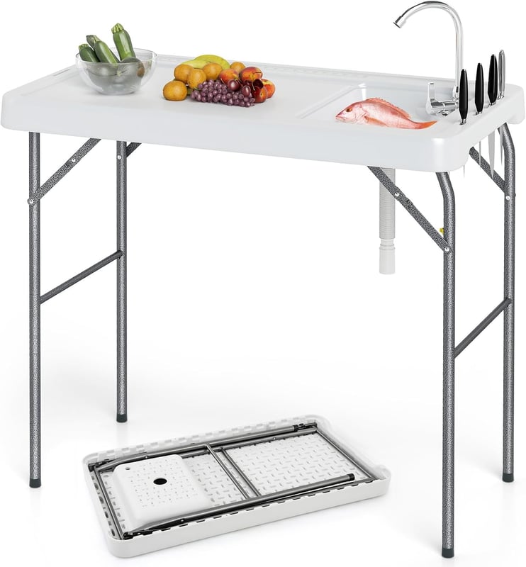 Składany Stół Ogrodowy z Kranem, do Kempingu, Pikniku, Grillowania, Składana Konstrukcja, Rowki do Przechowywania Przyborów Kuchennych