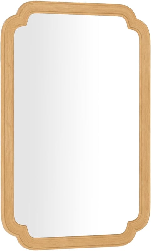 Lustro Ścienne 90 x 60 cm, Ozdobne Lustro Prostokątne, Zaokrąglone Rogi, Styl Rustykalny, Wysoka Rozdzielczość, Zawieszenie Pionowe/Poziome, Naturalne