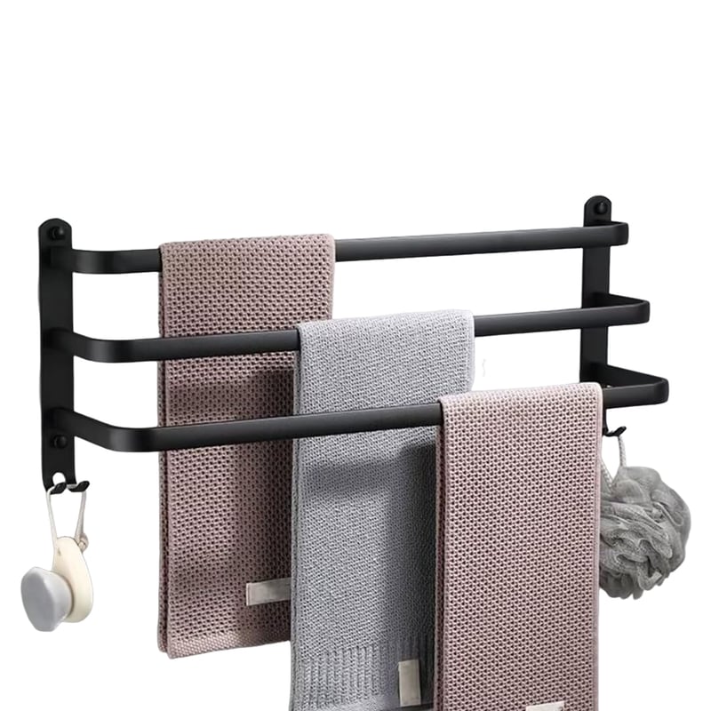 Wieszak ścienny na ręczniki z 2 haczykami do łazienki, hotelu, kuchni, czarny, trzypoziomowy, 30 cm