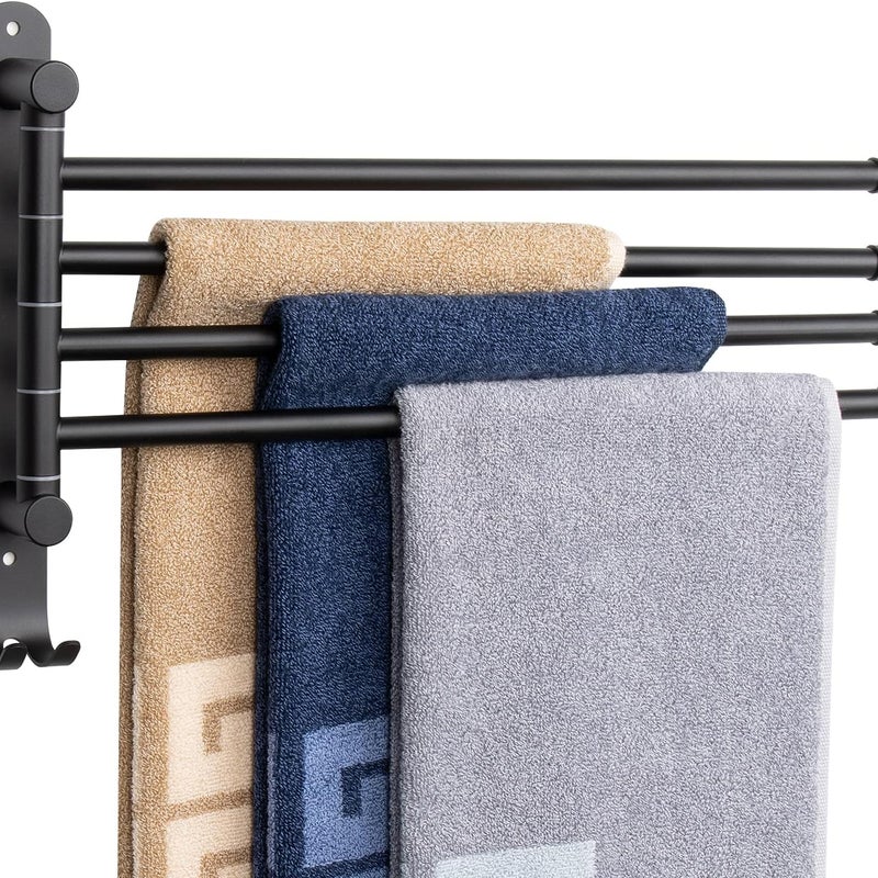 Wieszak ścienny na ręczniki do łazienki, obrotowy 180°, stal nierdzewna, podwójne drążki obrotowe, cztery drążki, czarny