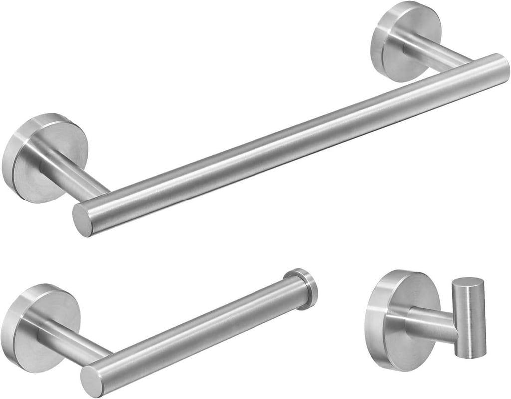 Zestaw akcesoriów łazienkowych 3-częściowy, wieszak na ręczniki 30 cm, uchwyt na papier toaletowy, haczyk, szczotkowane srebro