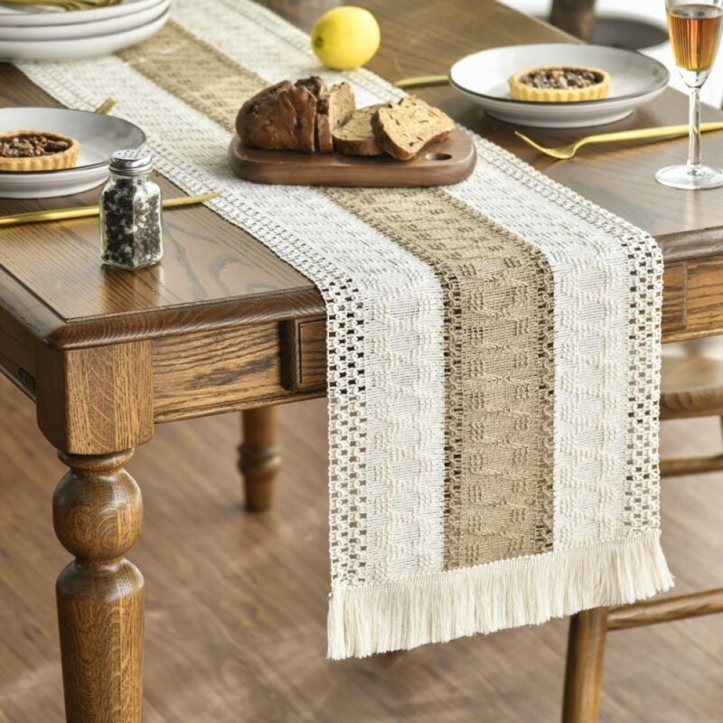 Bieżnik w stylu boho, 30 x 140 cm, len i bawełna, nadający się do prania, dekoracja stołu, na imprezę, wesele, urodziny