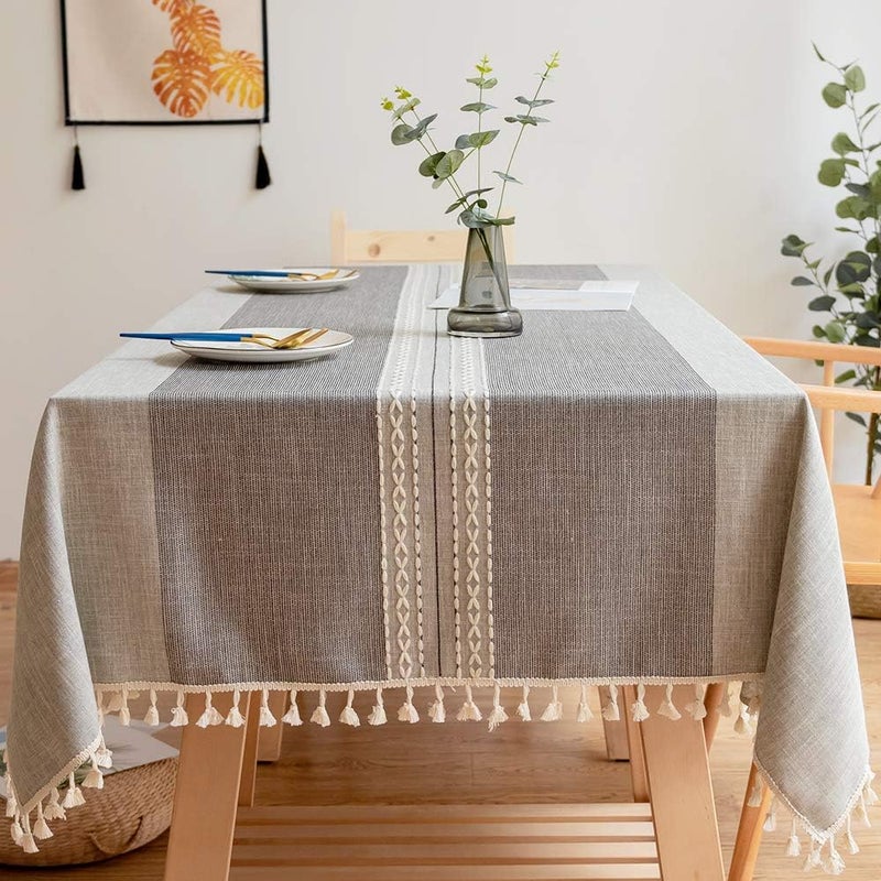 Prostokątny obrus plamoodporny, zmywalny, bawełniano-lniany, haftowany obrus z frędzlami, do dekoracji stołu w kuchni i jadalni (140 x 180 cm)