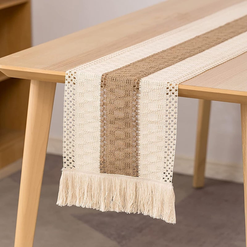 Bieżnik na stół makramowy, bieżnik na stół jadalny 30x180 cm, naturalna bawełna i len, dekoracja stołu w stylu boho z szydełkowanych frędzli