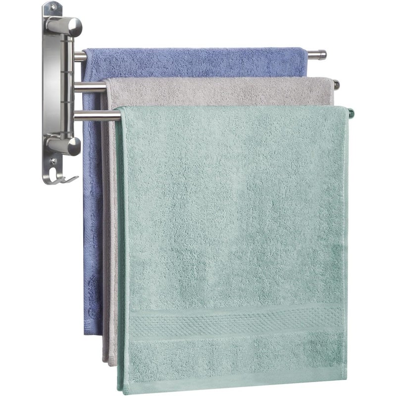 Wieszak na ręczniki ścienny do łazienki, obrotowy 180°, stal nierdzewna, podwójny drążek obrotowy, trzy srebrne drążki