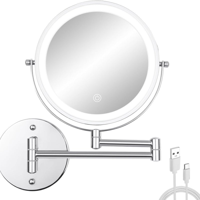 Lustro do makijażu montowane na ścianie, 8 cali, powiększenie 1x/10x, dwustronne lusterko do golenia do łazienki z trójkolorowym światłem