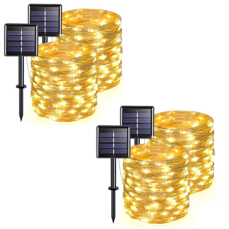 Zewnętrzne lampki solarne z 4 pasmami, przewód miedziany, wodoodporne, 12 metrów na pasmo, 100 diod LED (ciepłe światło)