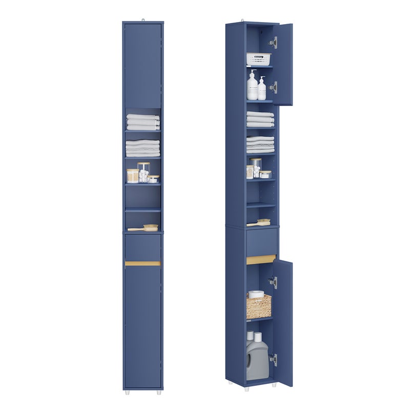 SoBuy Szafka łazienkowa 20 cm – wąska szafka do przechowywania z szufladą i regulowanymi półkami, niebieska, 20x20x180 cm, BZR34-II-B