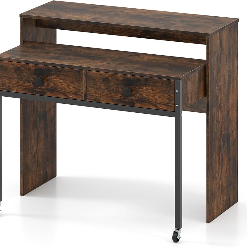 Biurko Komputerowe z Wysuwanym Blatem, 100 x 63 x 88 cm, 2 Szuflady do Przechowywania i Otwarta Półka, Kompaktowa Konstrukcja na Kółkach (Brązowe)