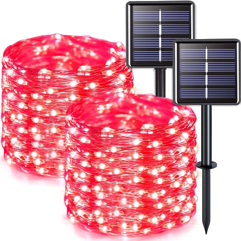 Zestaw 2 zewnętrznych lampek solarnych, przewód miedziany, wodoodporny, 7 metrów na lampkę, 50 diod LED (czerwone światło)