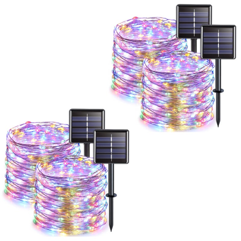Zewnętrzne lampki solarne z 4 pasmami, przewód miedziany, wodoodporne, 7 metrów na pasmo, 50 diod LED (kolorowe światła)