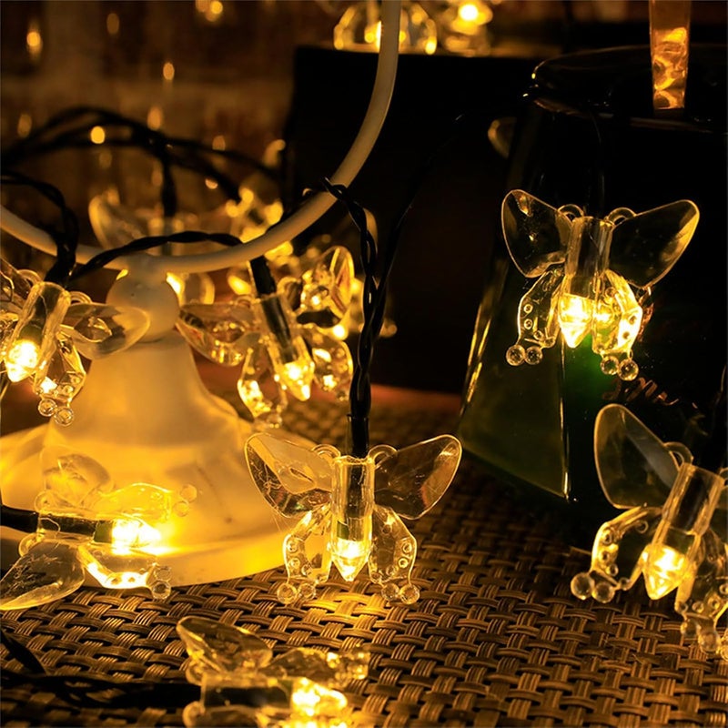 Lampki solarne - 5 m, 20 diod LED - Dekoracja w kształcie motyli - Idealne na przyjęcia świąteczne - Ciepłe, białe światło