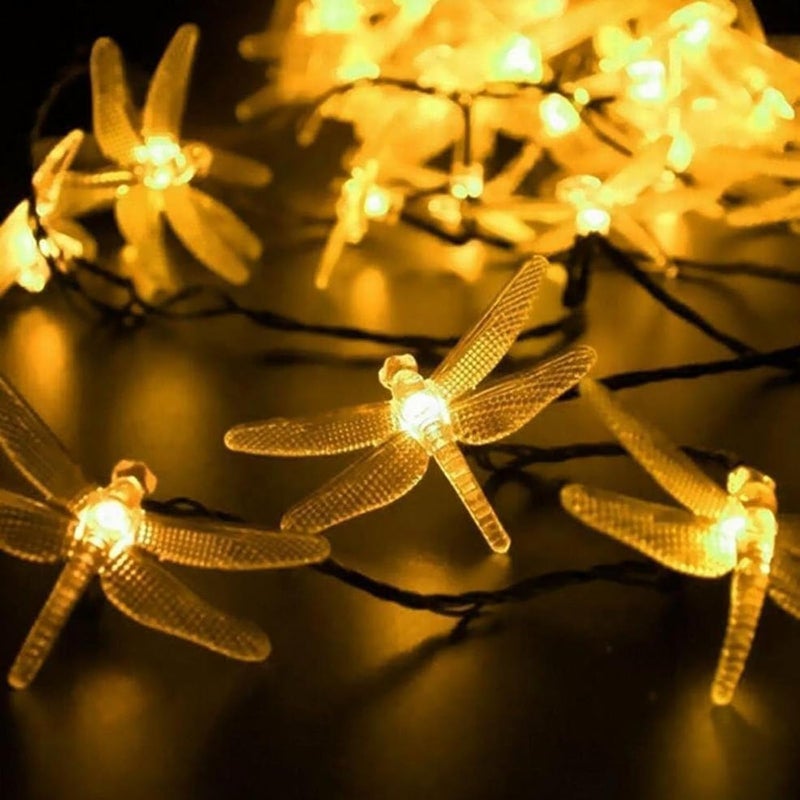 Lampki solarne - 6,5 m, 30 diod LED - Dekoracyjna ważka - Idealne na przyjęcia świąteczne - Ciepłe, białe światło