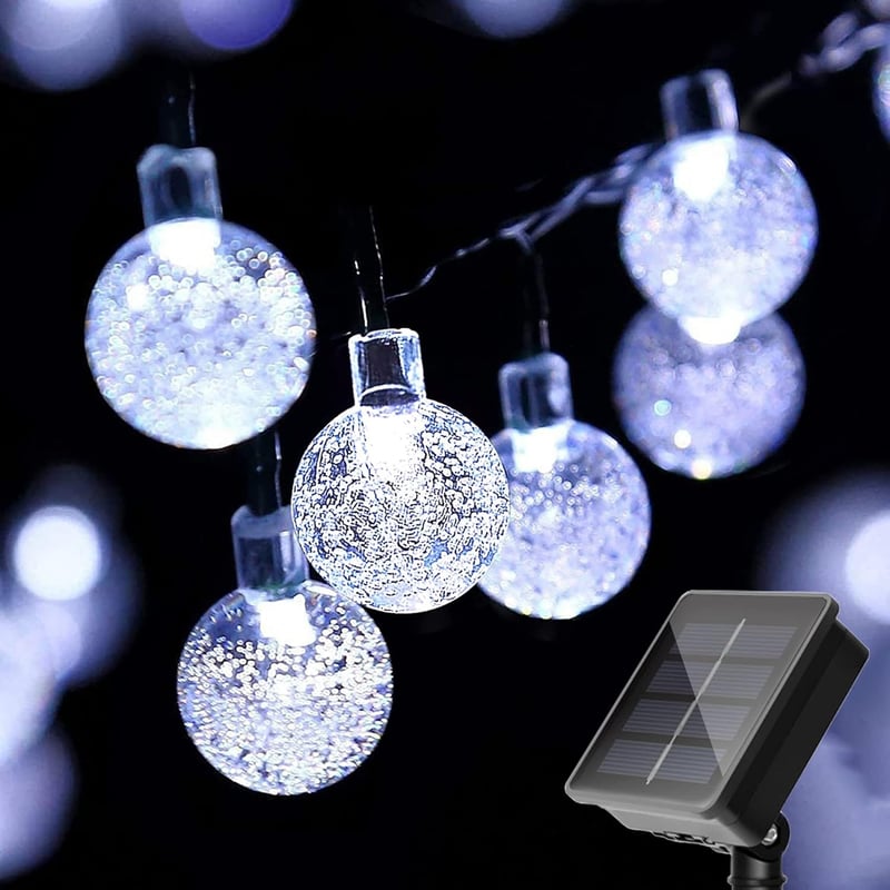 Lampki solarne, małe kule kryształowe, lampki zewnętrzne, 50 diod LED, 7 metrów, 8 trybów oświetlenia (białe światło)