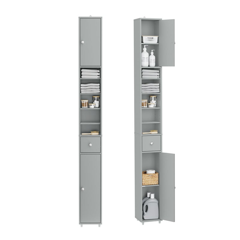 SoBuy Szafka łazienkowa, szafka pod umywalkę z 4 regulowanymi półkami, 1 szufladą i 2 drzwiami, szara, 20 x 20 x 180 cm, BZR34-II-HG
