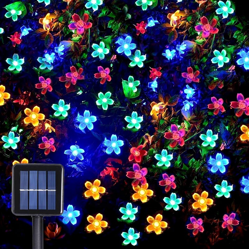 Zewnętrzne lampki solarne, 12 m, 100 diod LED, 8 trybów, kształt kwiatu wiśni, idealne do ogrodów (kolorowe światła)