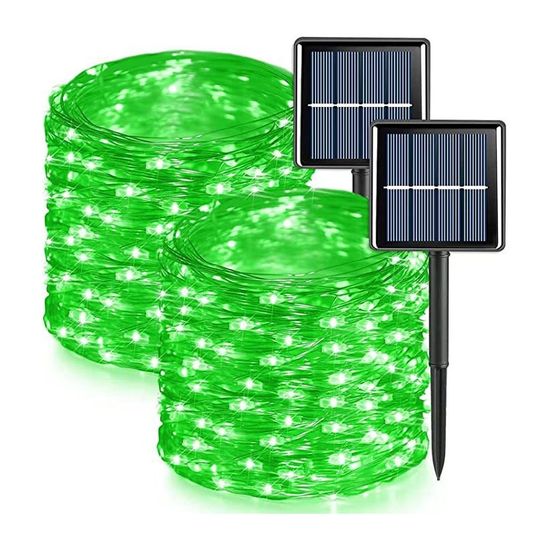 Zestaw 2 zewnętrznych lampek solarnych, przewód miedziany, wodoodporny, 32 metry na lampkę, 300 diod LED (zielone światło)