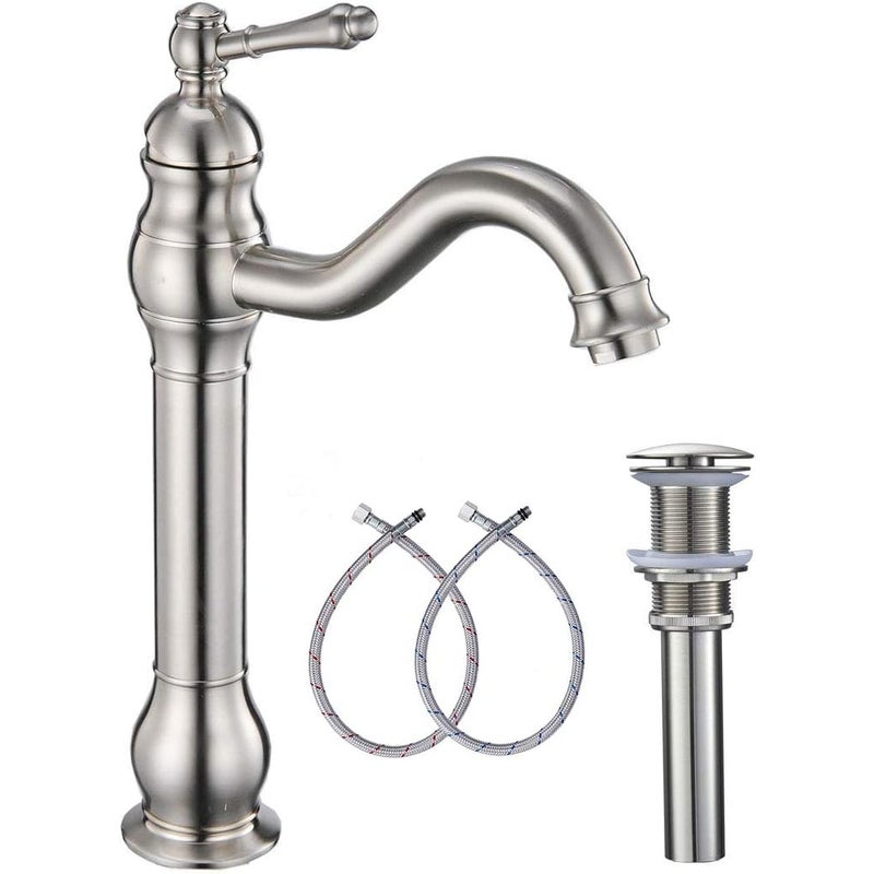 Bateria łazienkowa, jednootworowa, obrotowa 360°, z pojedynczym uchwytem i korkiem automatycznym, szczotkowane srebro