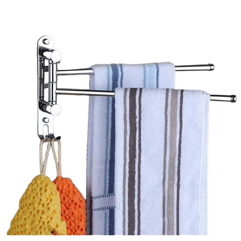 Wieszak na ręczniki obrotowy, dwuramienny ze stali nierdzewnej, montowany na ścianie z haczykami (srebrny)