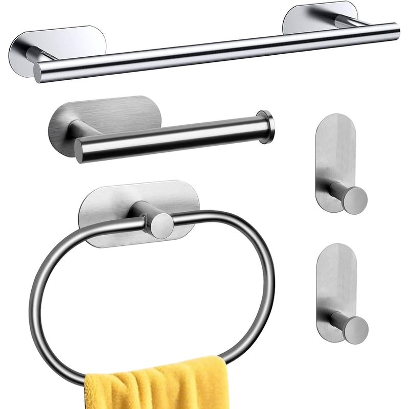 Zestaw wieszaków na ręczniki ze stali nierdzewnej, samoprzylepne haczyki i uchwyt na papier toaletowy (srebrny, 5 sztuk)