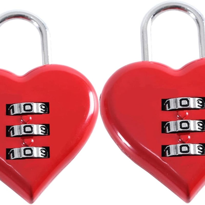 Zestaw 2 kłódek cyfrowych w kształcie serca – czerwonych – mała kłódka szyfrowa 3-cyfrowa – do walizek, szafek, szafek i plecaków