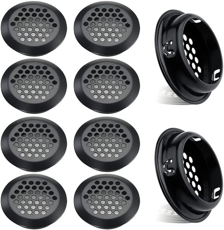 Zestaw 10 okrągłych kratek wentylacyjnych ze stali nierdzewnej do mebli kuchennych (53 mm, czarne)