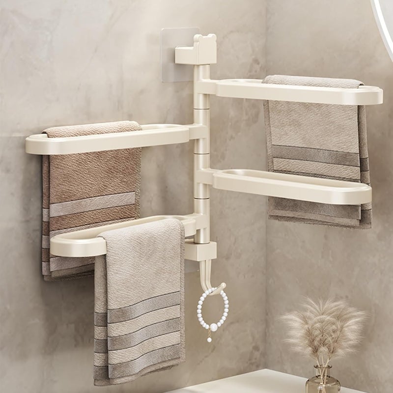 Wieszak na ręczniki obrotowy, samoprzylepny, ABS, z haczykami do łazienki i kuchni, cztery ramiona, beżowy