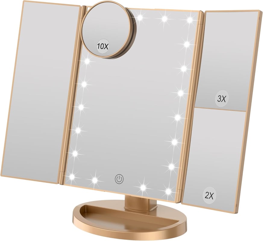 Lustro do makijażu z regulowaną jasnością, 22 diodami LED i powiększeniem 1X/2X/3X, z podwójnym trybem zasilania (szampanowe złoto)