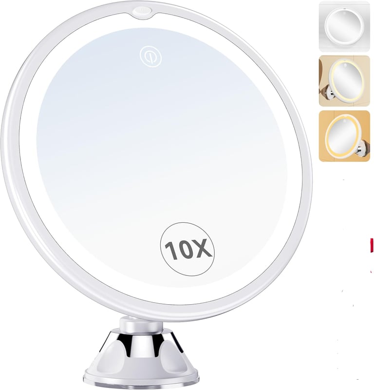 Lustro do makijażu z przyssawką i 10-krotnym powiększeniem, z 3 diodami LED, obracane o 360°, podświetlane, do łazienki i podróży