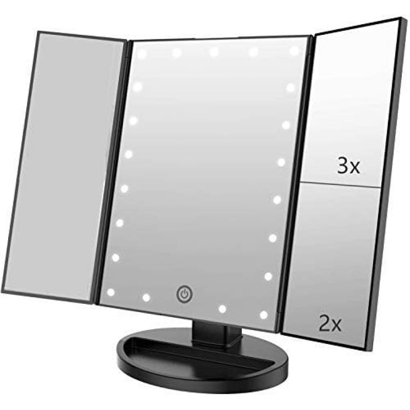 Lustro do makijażu LED, lusterko biurkowe z podświetleniem LED, powiększenie 1X/2X/3X, obrót o 180 stopni (czarne)
