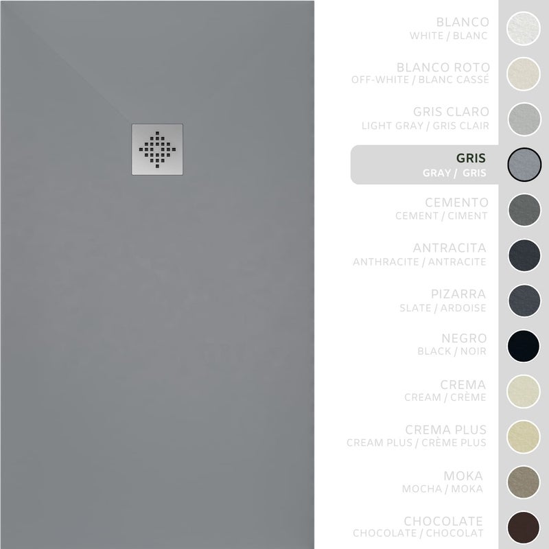 SOULHOME Brodzik prysznicowy– Żywica– Gel Coat– Gładka/Kamienna tekstura – Antypoślizgowy – Kolor szary – 100x80- Niski 3 cm– Standard