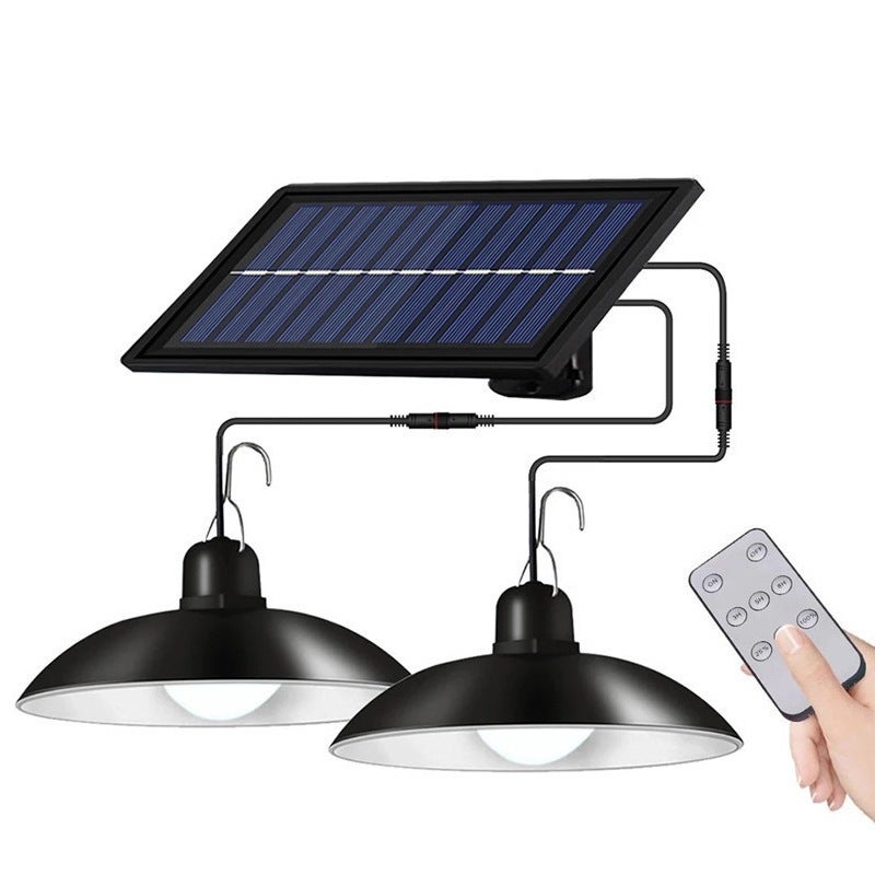 Wisząca lampa solarna z pilotem, wodoodporna, 2 głowice – białe światło