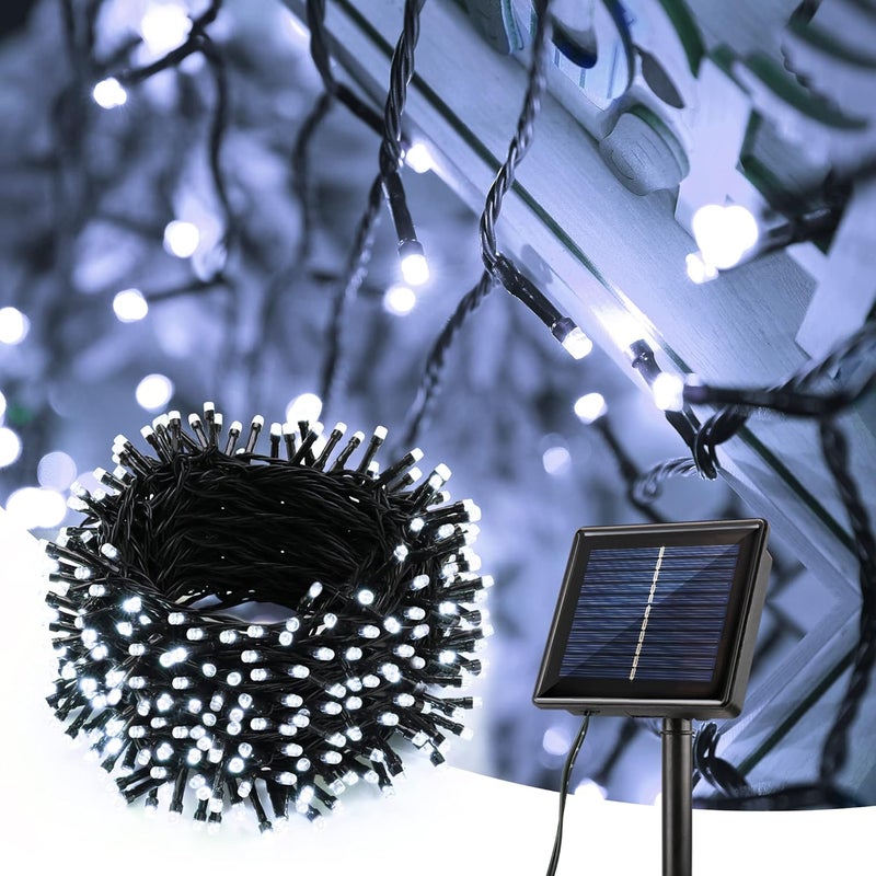 Zewnętrzne lampki solarne, 32 metry, 300 diod LED, wodoodporne, odpowiednie do ogrodów i tarasów, chłodne białe światło