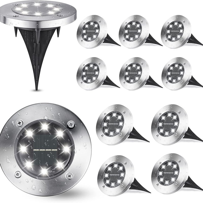 Zestaw 12 białych lamp solarnych do ogrodu, 8 diod LED 6000K, wodoszczelność IP65, odpowiednie do ścieżek, trawników, tarasów, dziedzińców i basenów.