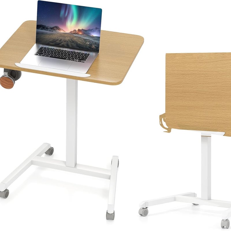 Biurko do Pracy na Stojąco lub Siedząco, Regulowana Wysokość 76–111 cm, Blat Odchylany pod Kątem 90°, Mobilne dzięki Kółkom (2 z Blokadą), z Haczykiem