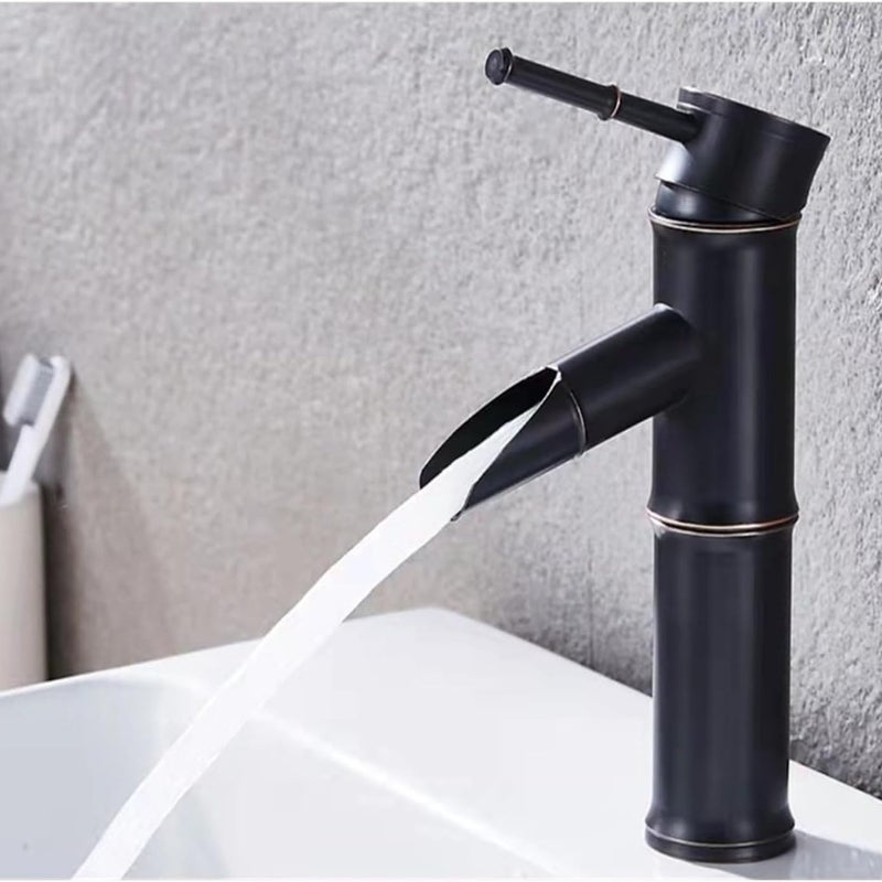 Bateria umywalkowa bambusowa, mieszacz wodospadowy, jednootworowy, woda ciepła i zimna, czarny (wysokość: 208 mm)