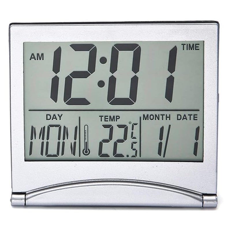 Srebrny cyfrowy budzik z wyświetlaczem temperatury LCD