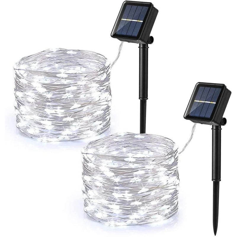 [2 sztuki] Zewnętrzne lampki solarne, 12 m, 100 diod LED, 8 trybów, wodoodporne, zimna biel