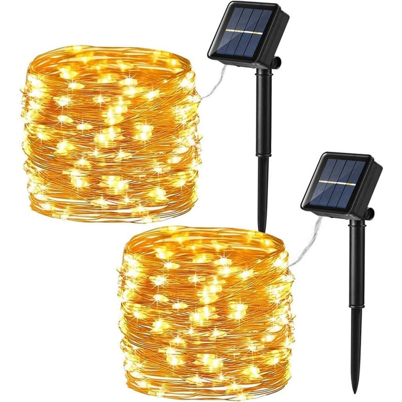 [2 sztuki] Zewnętrzne lampki solarne, 12 m, 100 diod LED, 8 trybów, wodoodporne, ciepłe białe światło