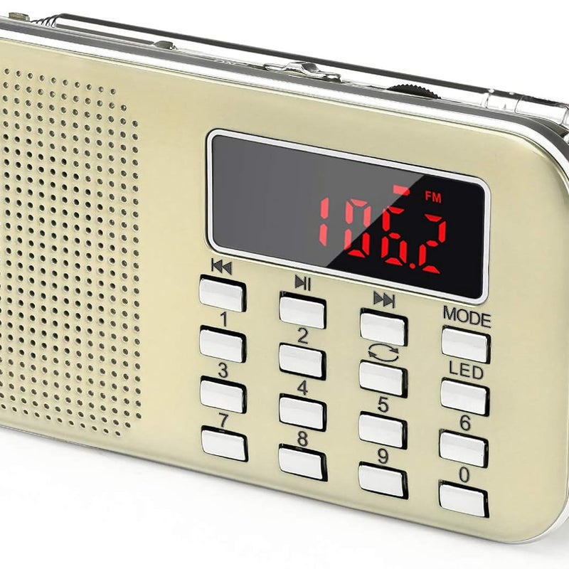 Małe przenośne radio z akumulatorem, 1 akumulatorem 200 mAh i światłem awaryjnym, mini USB/SD/AUX (złote)