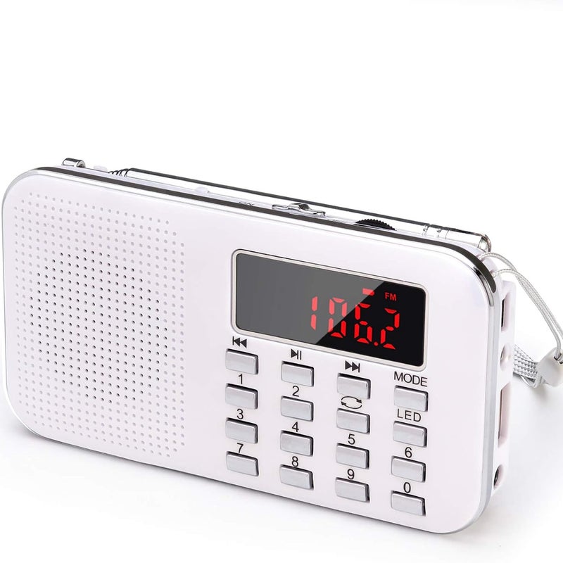 Małe przenośne radio z akumulatorem, 1 akumulatorem 200 mAh i światłem awaryjnym, mini USB/SD/AUX (białe)