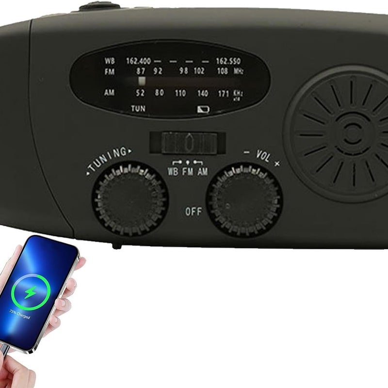 Radio pogodowe z korbką, akumulatorowe, AM/FM, 2000 mAh, zasilane energią słoneczną, z oświetleniem LED, do przetrwania w pomieszczeniach i na kempin